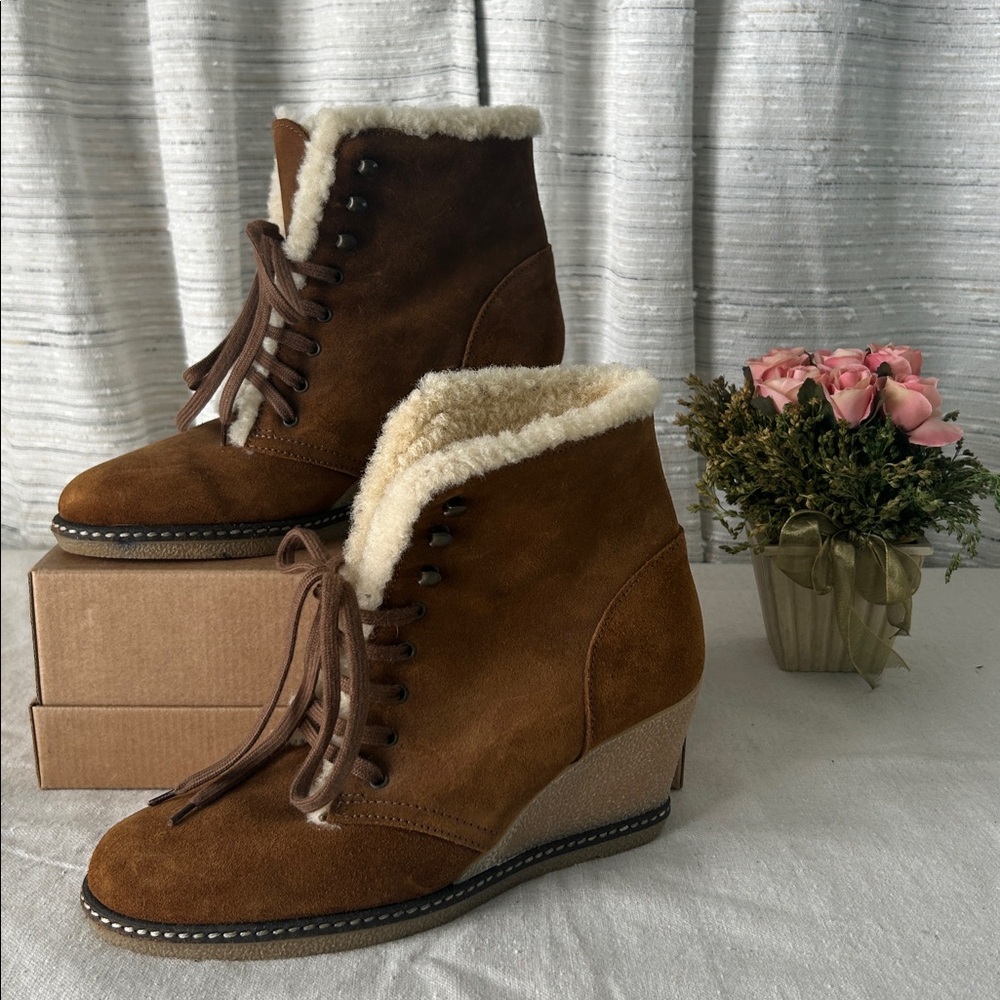 J. Crew Brown Lace Up Suede Boots with Shearling Trim